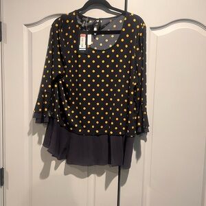 Jones New York Black and Yellow Polka Dot Blouse